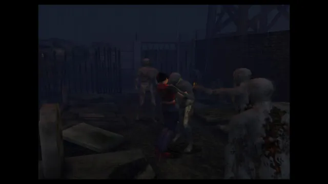 Claire surrounded by pale zombies in a misty graveyard behind iron fences