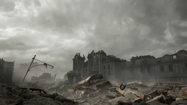 Resident Evil Requiem screenshot: the ruins of Raccoon City under grey clouds, wrecked cars and collapsed buildings