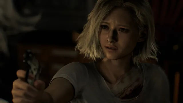 Resident Evil Requiem screenshot: Grace Ashcroft, bloodied and frightened, aims a handgun in the dark