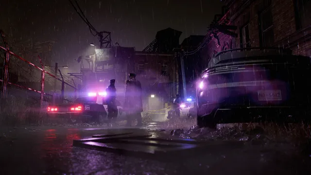 Resident Evil Requiem screenshot: police cars with flashing lights outside a brick building on a wet night street