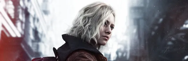 Resident Evil Requiem art: a woman with pale, tousled hair in a dark red jacket looks sideways on a grey, ruined city street