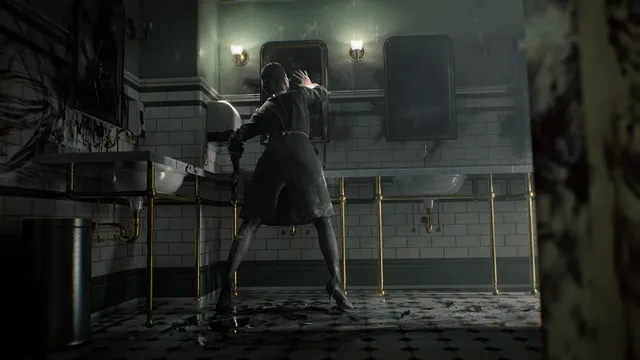 Resident Evil Requiem screenshot: a tall, twisted figure lurches through a tiled washroom with blood smeared on the walls