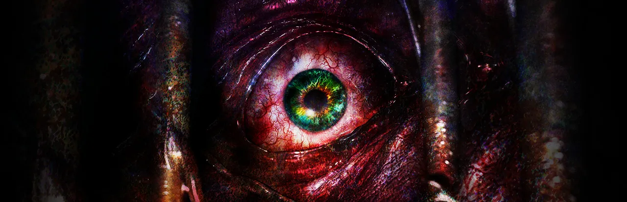 Resident Evil Revelations 2 key art: an extreme close-up of a bloodshot green eye in a scarred, bloody face