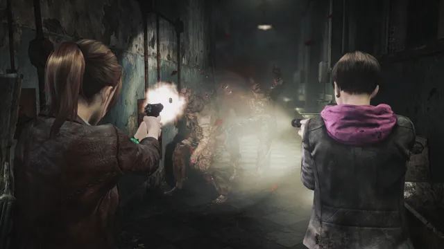 Resident Evil Revelations 2 screenshot: Claire fires a pistol while Moira shines her flashlight on a group of mutated Afflicted in a grimy hallway