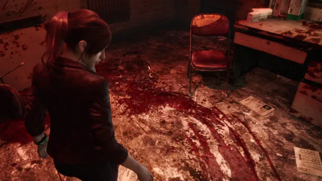 Resident Evil Revelations 2 screenshot: Claire looks down at a large smear of blood across the floor of a room with a red chair and scattered papers