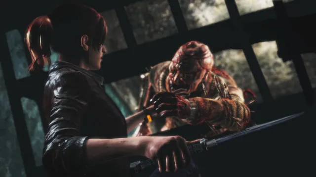Resident Evil Revelations 2 screenshot: Claire grips a knife as a mutated creature with a swollen, raw face lunges at her through a window