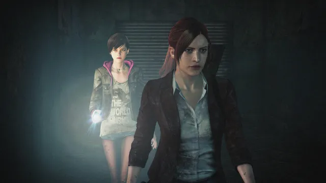 Resident Evil Revelations 2 screenshot: Claire Redfield walks down a dark corridor with Moira Burton behind her holding a flashlight