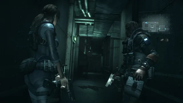 Resident Evil Revelations screenshot: Jill and her partner with pistols drawn in a dark ship corridor