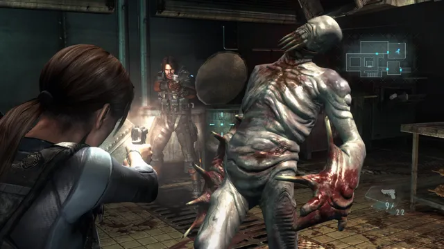 Resident Evil Revelations screenshot: Jill and Parker fire at a pale, clawed Ooze creature in a ship's kitchen