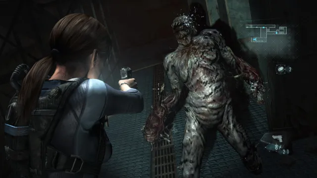 Resident Evil Revelations screenshot: Jill shoots a bloated creature in a dim corridor
