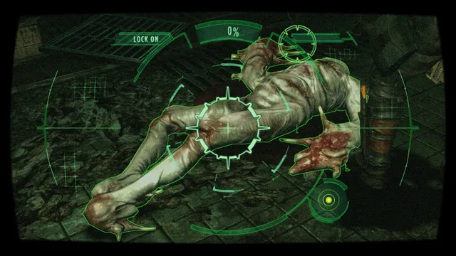 Resident Evil Revelations screenshot: the green scanner view locked onto an Ooze creature on the floor