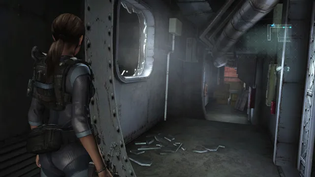 Resident Evil Revelations screenshot: Jill walks a damaged steel corridor of the ship littered with broken glass
