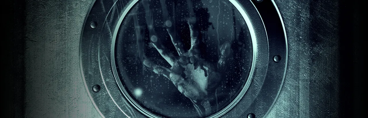 Resident Evil Revelations key art: a bloody handprint on the inside of a ship's porthole