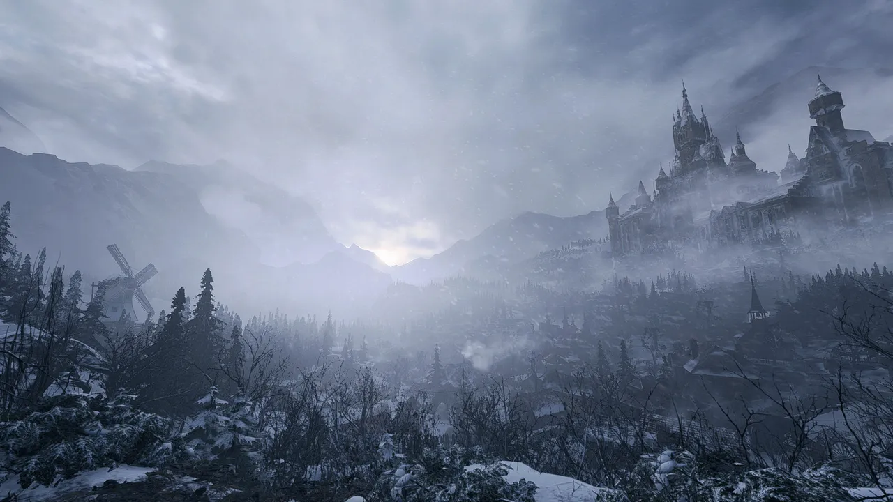 Resident Evil Village screenshot: a snowy valley under grey cloud, a windmill on the left and a castle on a hill on the right