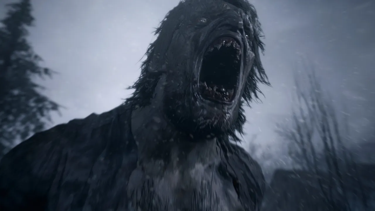 Resident Evil Village screenshot: a hairy lycan roars with its mouth wide open among snowy trees