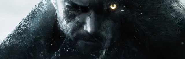 Resident Evil Village art: the face of a bearded man with one glowing yellow eye, half hidden in falling snow