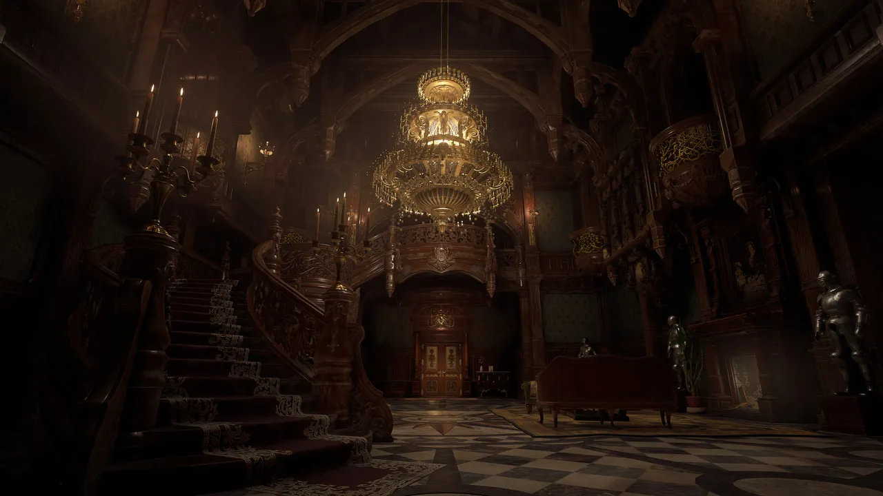 Resident Evil Village screenshot: the grand hall of a castle with a red carpeted staircase, candles and a golden chandelier