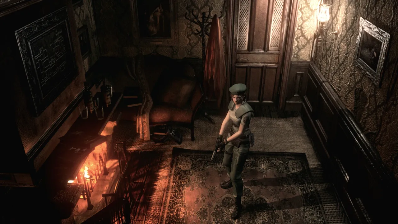 Resident Evil screenshot: Jill Valentine holds a pistol in a lamp-lit mansion corridor with a fireplace and framed pictures