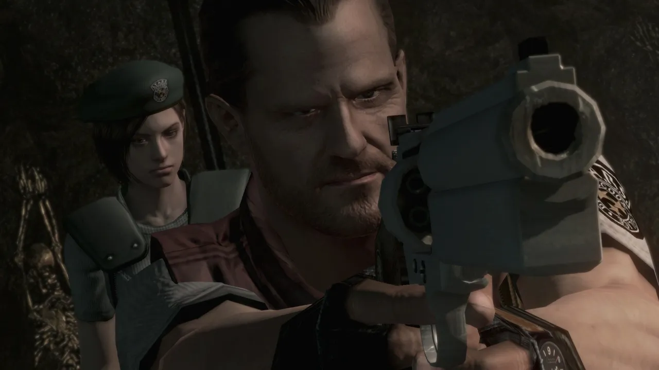 Resident Evil screenshot: Chris Redfield points a revolver at the camera with Jill standing behind him