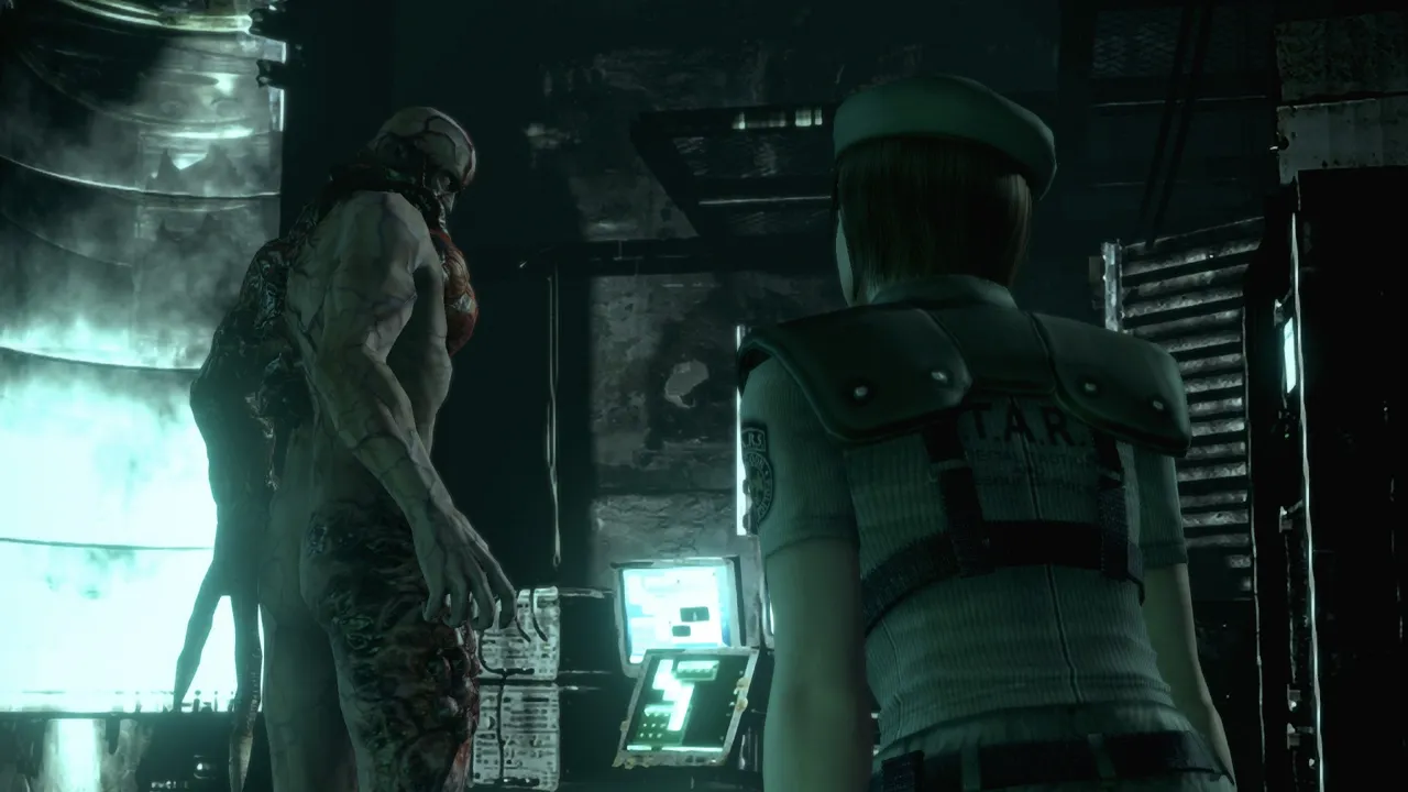Resident Evil screenshot: a hulking clawed creature beside Jill in a green-lit laboratory