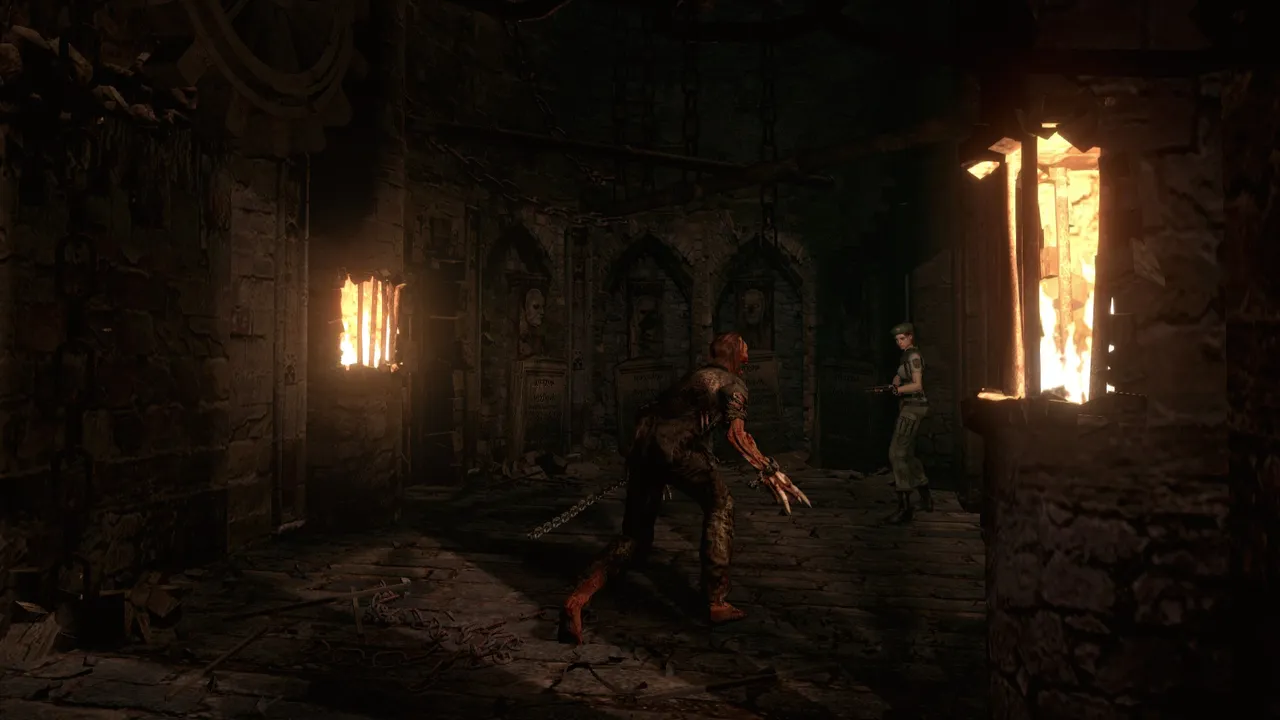 Resident Evil screenshot: a red-skinned zombie lunges at a S.T.A.R.S. member in a dark stone room lit by burning windows