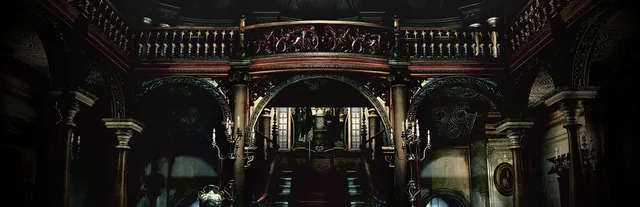 Resident Evil art: the grand hall of the Spencer mansion with a double staircase, columns and balconies in dim light