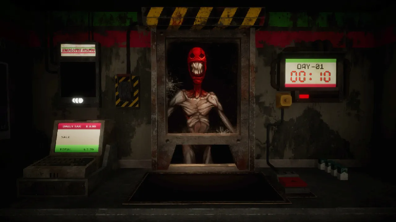 Retail Hell screenshot: a skinless red creature with a wide grin at the counter window beside a till and a Day 01 clock