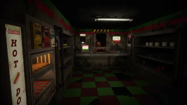 Retail Hell screenshot: the dark store with a hot dog machine, shelves and a checkered floor
