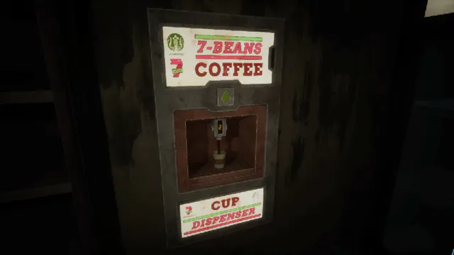 Retail Hell screenshot: a 7-Beans coffee machine and cup dispenser in the gloom