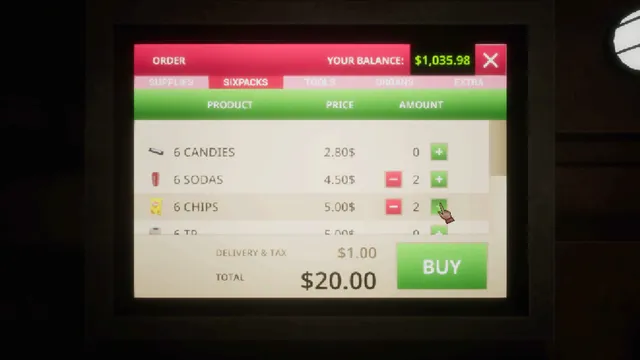 Retail Hell screenshot: the supplies order screen buying six-packs of sodas and chips