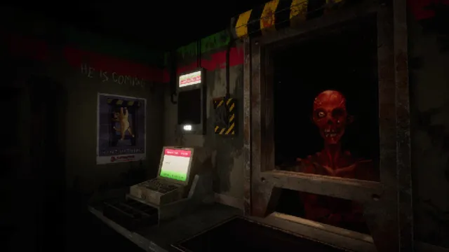 Retail Hell screenshot: a bloody skeletal figure at the shop window, with the words He is coming on the wall