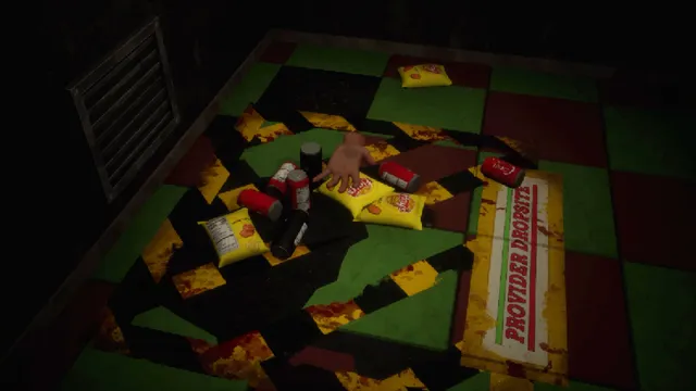 Retail Hell screenshot: a severed hand among snacks and soda cans spilled on a bloodied floor