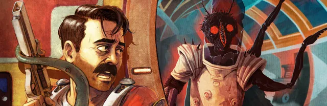 RetroSpace key art: a mustached janitor holding a gun looks over his shoulder at a red-eyed, insect-headed mutant in armor
