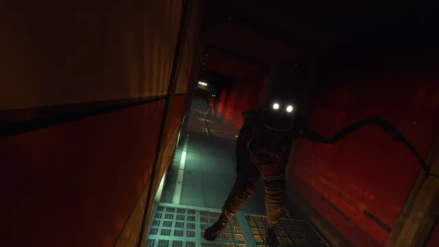 A tall mutant with white glowing eyes and long arms looms out of a dark red corridor