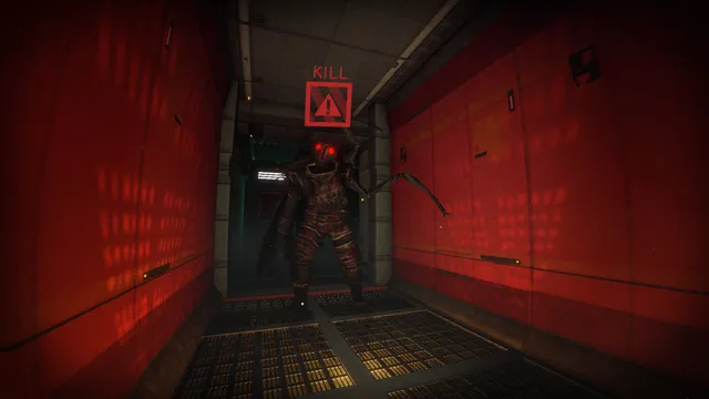 A red-eyed, insect-headed mutant walks toward the player down a red-lit station corridor, a KILL warning marker above it