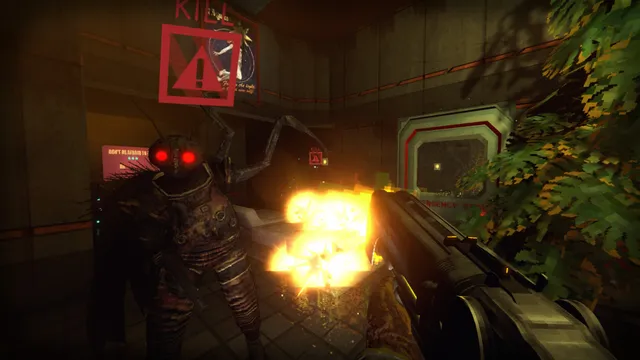The player fires a gun at a red-eyed mutant in a dim room overgrown with plants