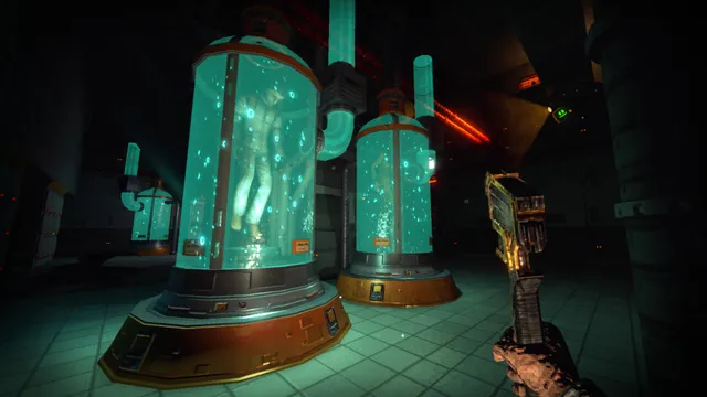 First-person view of glowing cloning tanks holding human bodies in a dark lab on Aurora 5