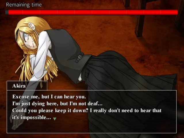 A timed choice with a red remaining-time bar as a blonde girl collapses on the floor, saying she is dying