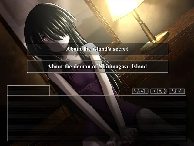 A dark-haired woman in a dim room with choices to ask about the island's secret and the demon of Shironagasu Island