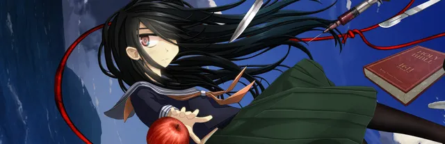 Return to Shironagasu Island key art: a black-haired schoolgirl falling with a red apple, a red thread and an old book