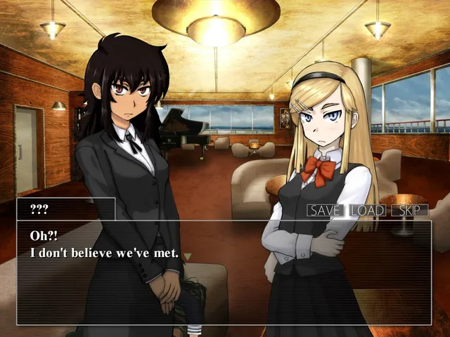 Two young women in dark formal clothes greeting the detective in the mansion's lounge