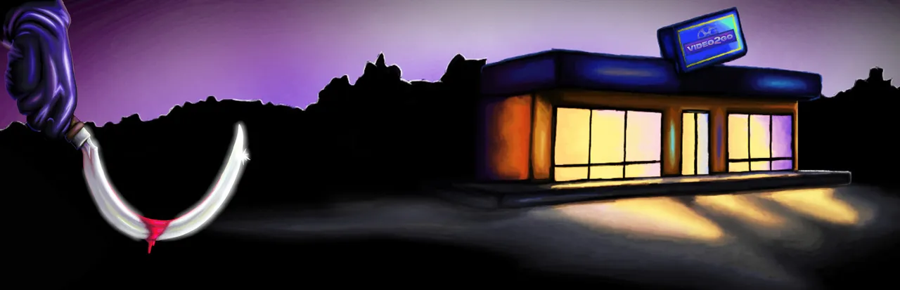 Rewind Or Die art: a bloody blade curving beside a lit video rental store at night under a purple sky