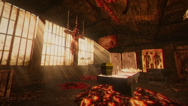 A blood-drenched butcher's room with a carcass hanging from the ceiling in shafts of light