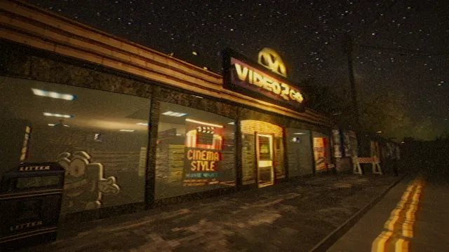 The Video2Go rental store front at night on an empty street, seen through a grainy VHS filter