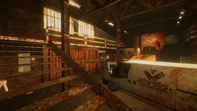 A grimy garage with a Chop Shop van and blood smeared over the walls