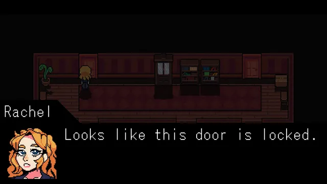A dim room of the house in pixel art as Rachel finds a door locked