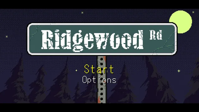 The title screen: a Ridgewood Rd street sign against a pixel-art night sky, pine trees and a pale moon