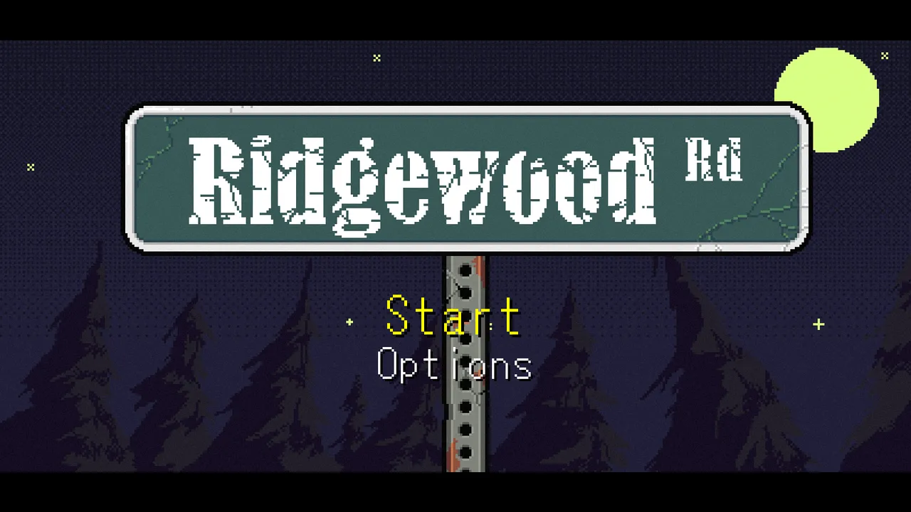 The title screen: a Ridgewood Rd street sign against a pixel-art night sky, pine trees and a pale moon