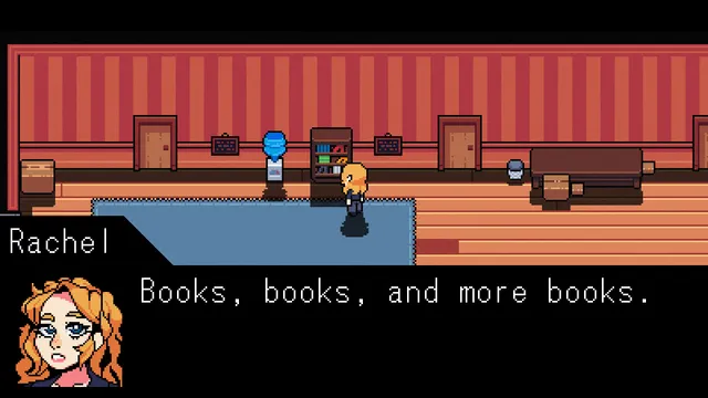 Rachel searches a red-papered room of bookshelves and doors, saying Books, books, and more books