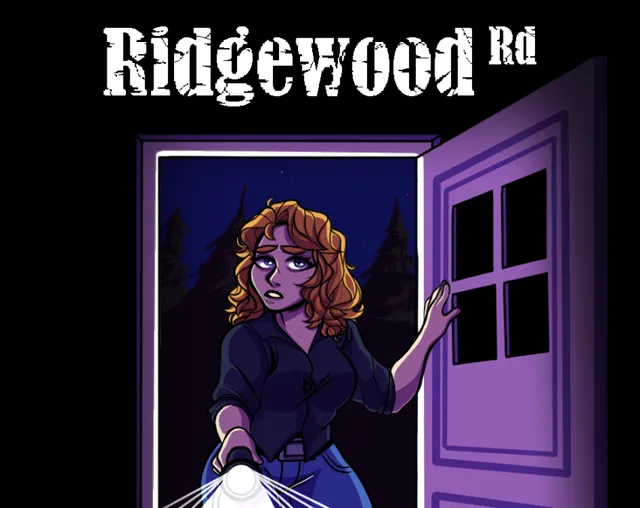 Ridgewood Road cover: a red-haired deputy with a flashlight steps through a purple-lit doorway at night under the title